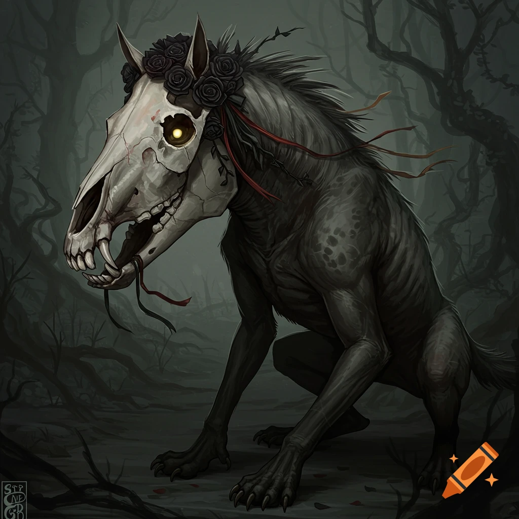 A canine creature with a horse skull head adorned with black roses, sitting in a dark forest.
