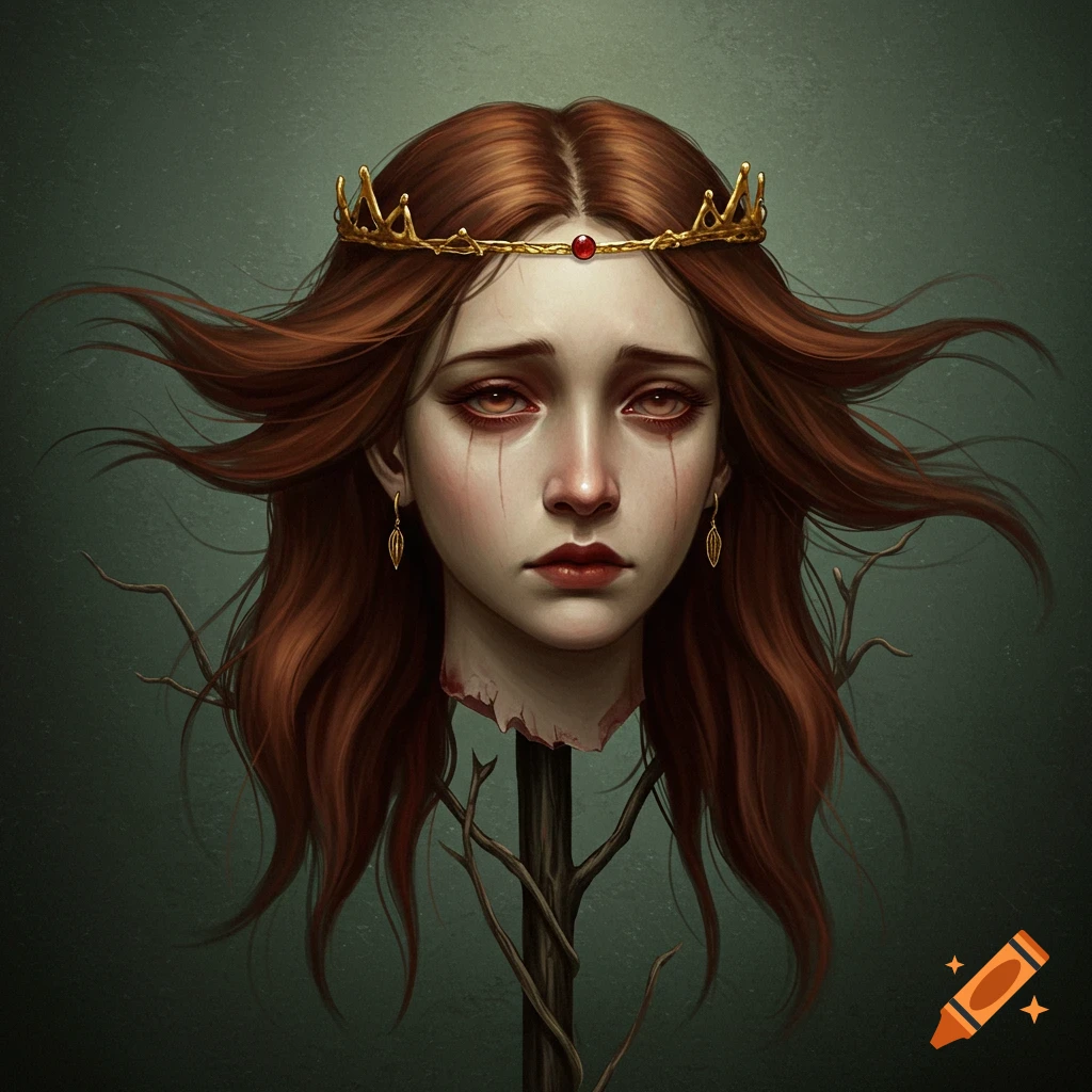 A severed young woman's head with a crown on a stick
