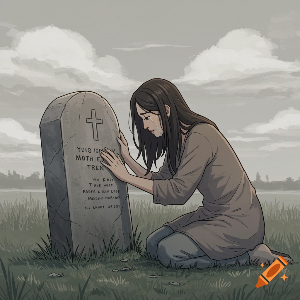 Digital drawing of a crying woman kneeling at a gravestone in a melancholic scene.