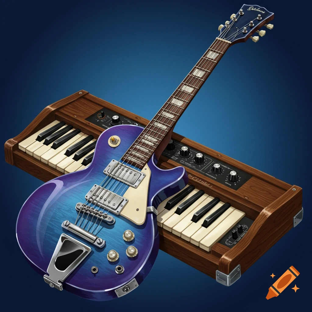 A blue electric guitar and a vintage keyboard against a blue background.