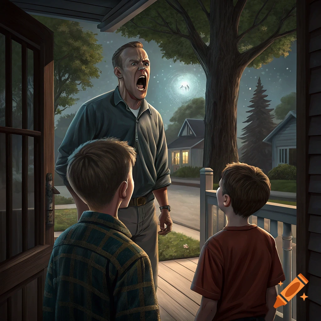 Man yells at two boys from a porch at night.