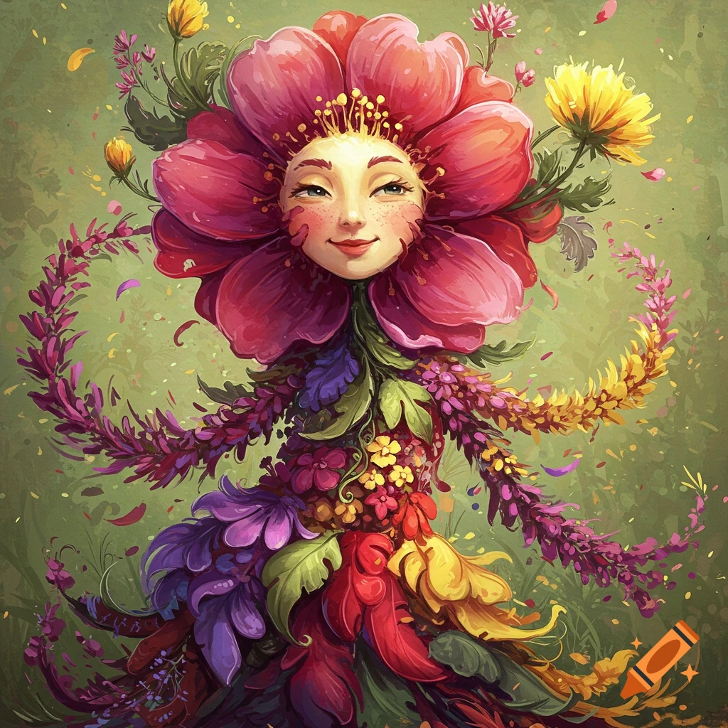 A figure made of colorful flowers with a flower head.