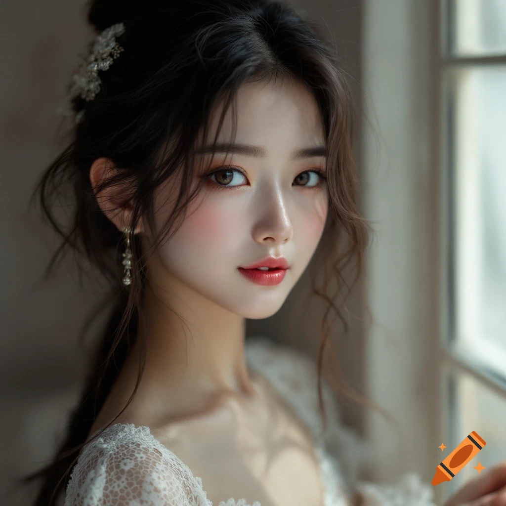 Close-up portrait of an Asian woman in a white lace dress looking towards the camera.