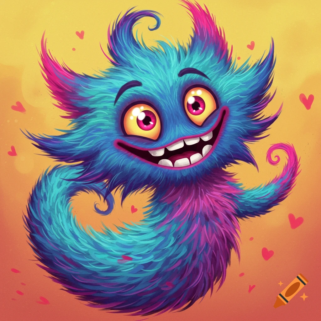 A blue and pink fuzzy cartoon monster with big eyes and a smile, surrounded by floating hearts.