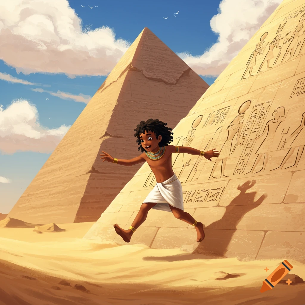 A young boy is running near pyramids in a desert.