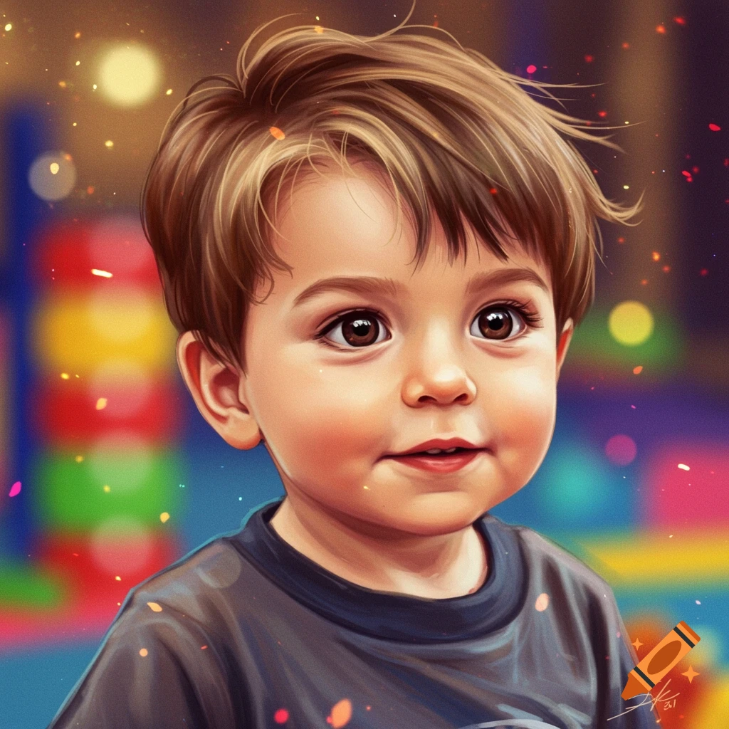 Portrait of a young child with brown hair and eyes smiling against a colorful, blurry background.