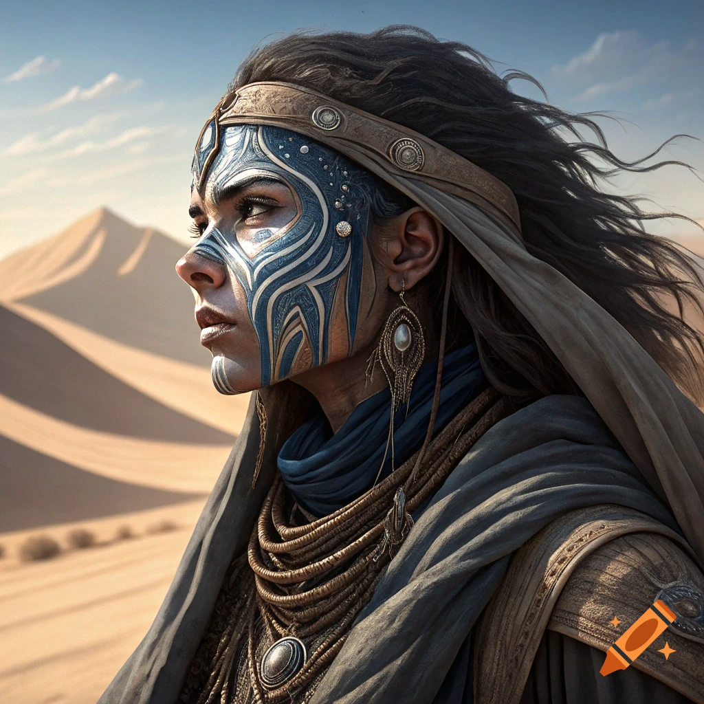 Close-up of a woman with intricate blue and white face paint and head covering, looking left in a desert landscape.