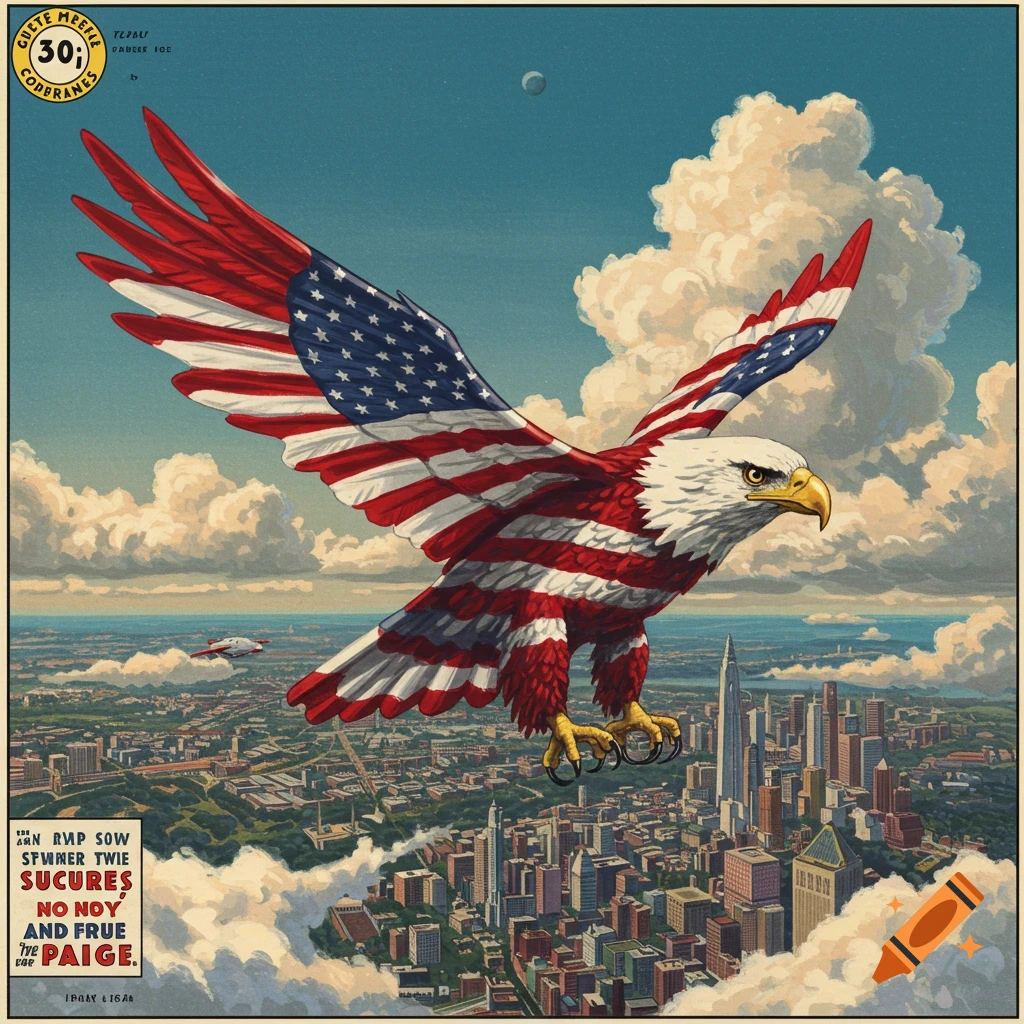An eagle with American flag pattern flying over a city
