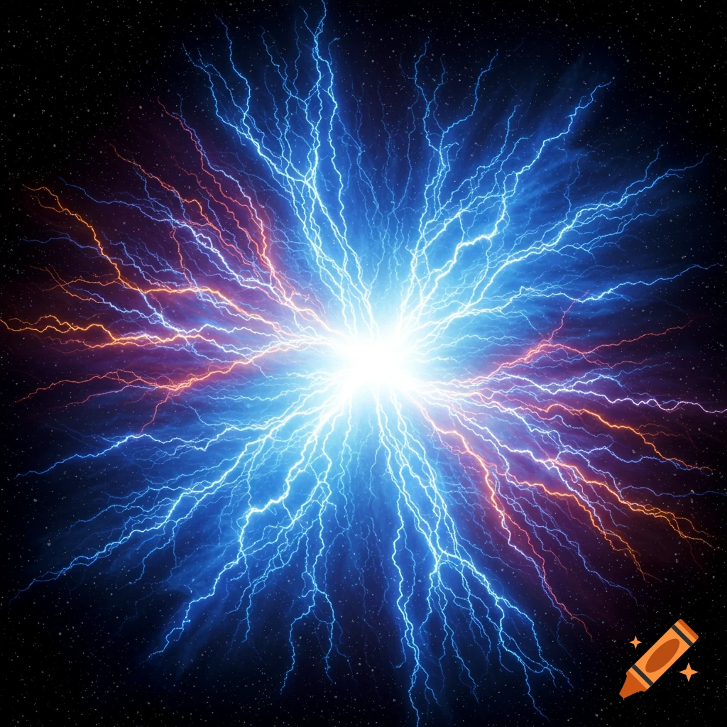 A bright center radiates blue and orange lightning streams into a starry dark background.