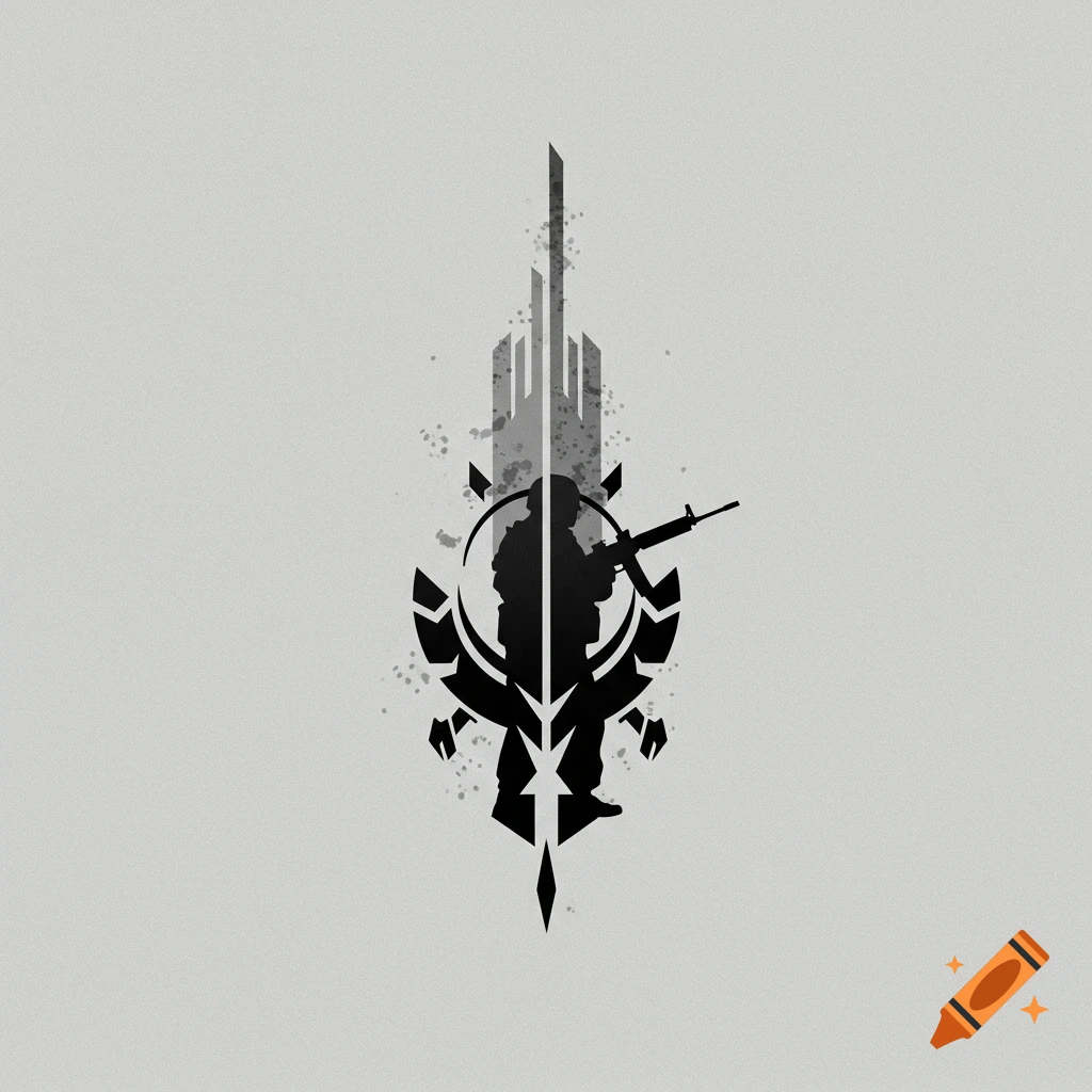 Minimalist black logo of a soldier silhouette with a rifle inside a shield design.