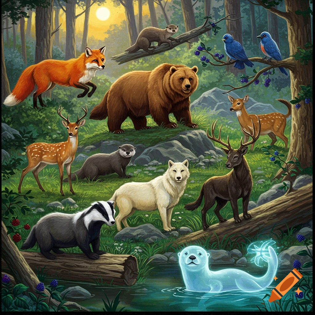 Forest animals including a fox, bear, deer, wolf, badger, otters, and bluebirds in a forest at sunset.