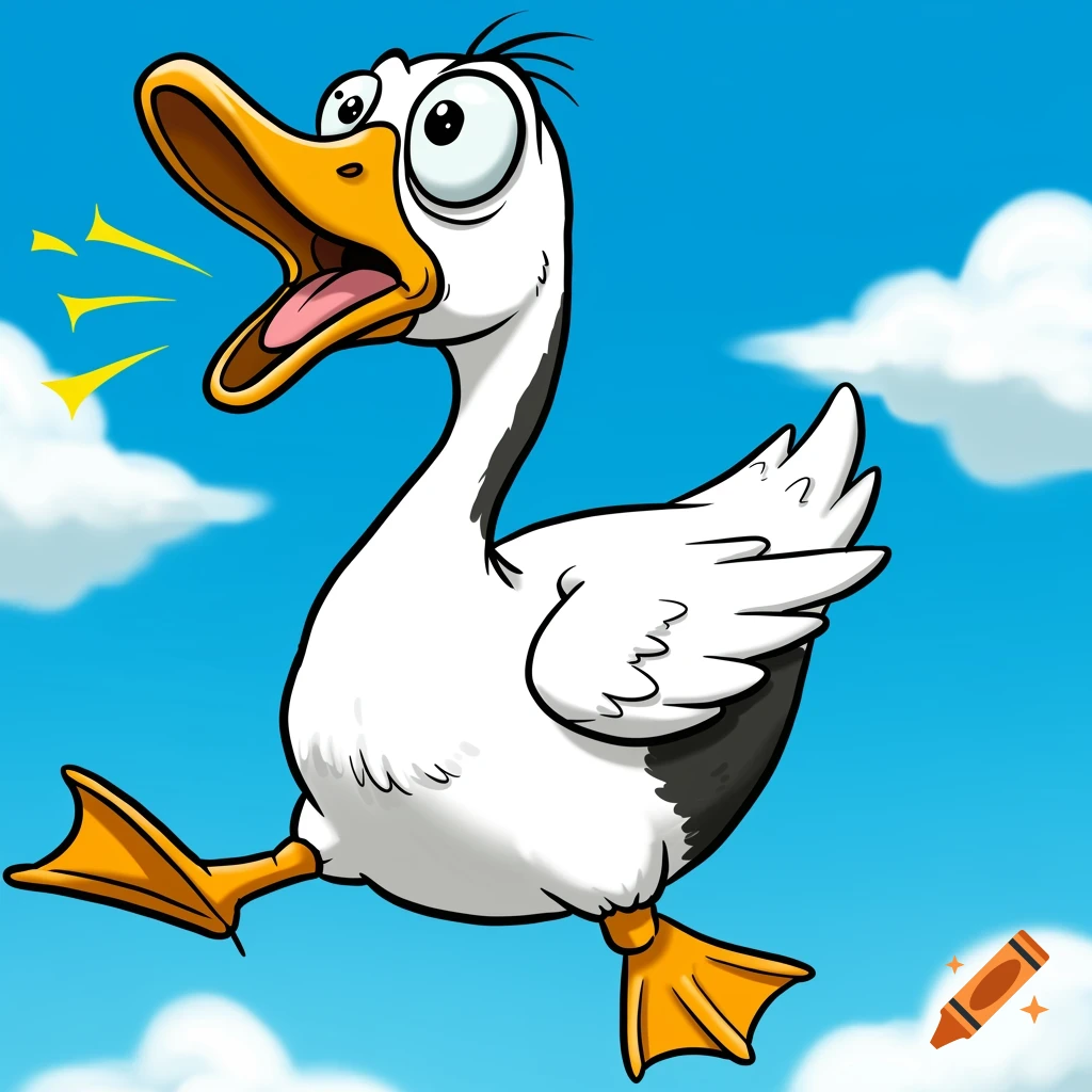 A silly cartoon goose yapping loudly in a blue sky.