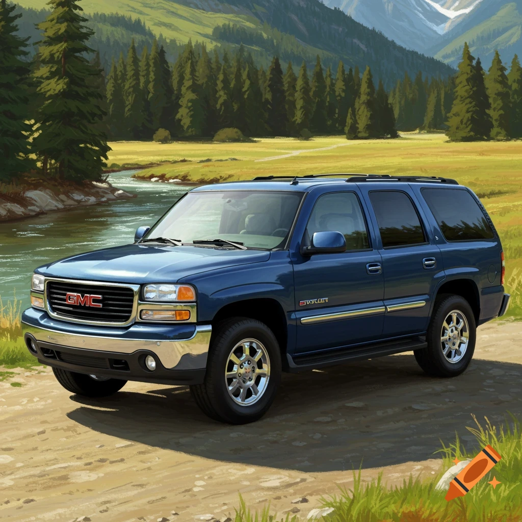A blue GMC Yukon parked on a dirt road in a mountainous landscape.
