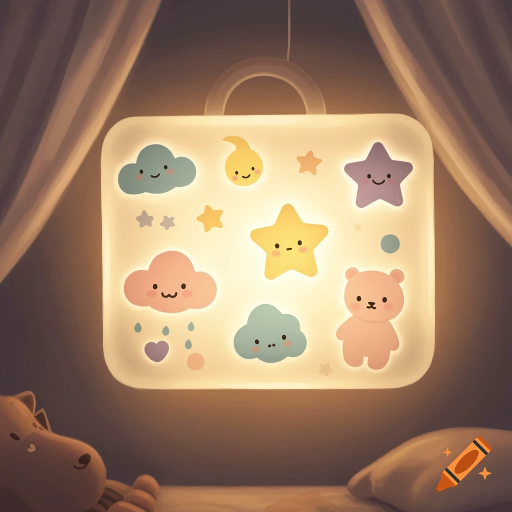 A whimsical light box featuring glowing cartoon stars, clouds, and a bear, hanging above a bed in a soft, dreamlike nursery setting.