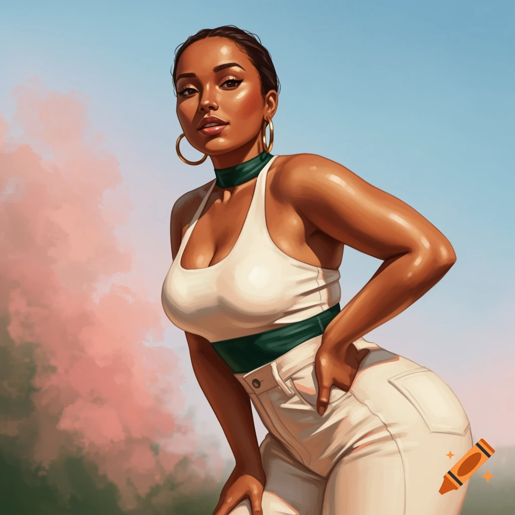 A woman in a white tank top and pants poses outdoors.