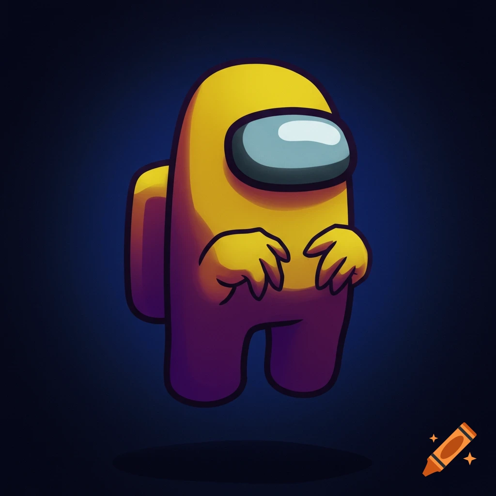 A yellow Among Us character with hands against a dark blue background.
