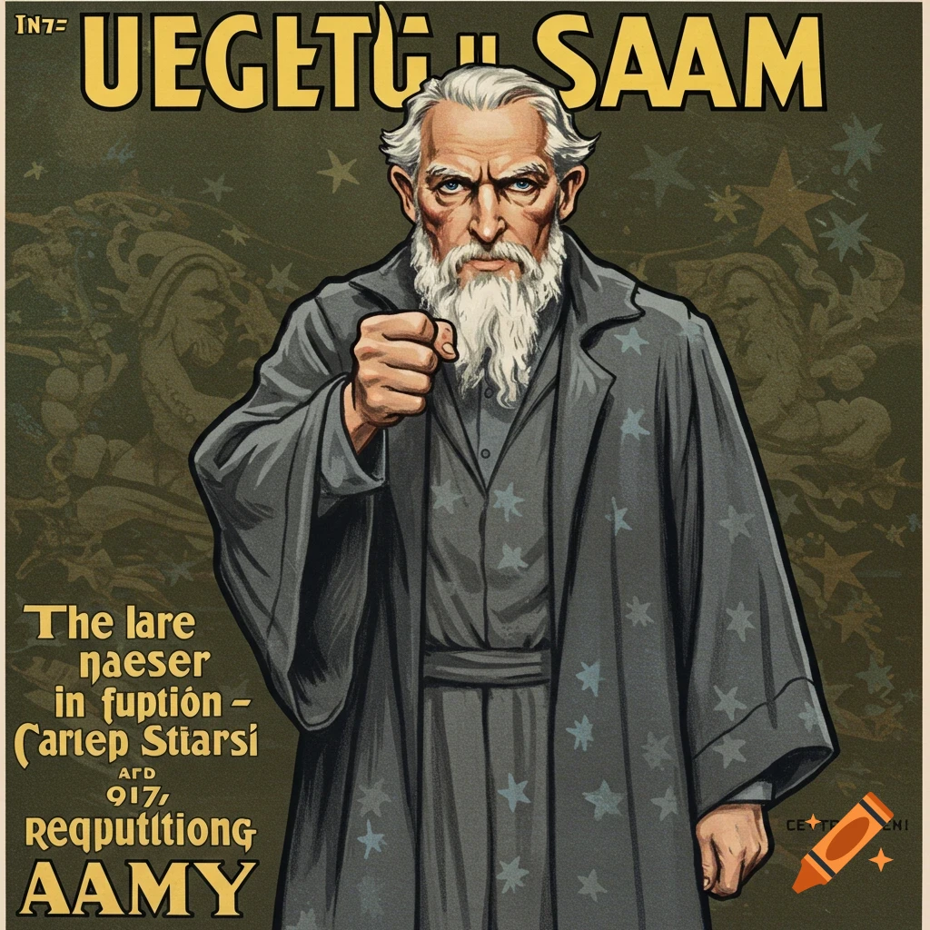 Uncle Sam as a wizard in gray robes, recruitment poster style on Craiyon