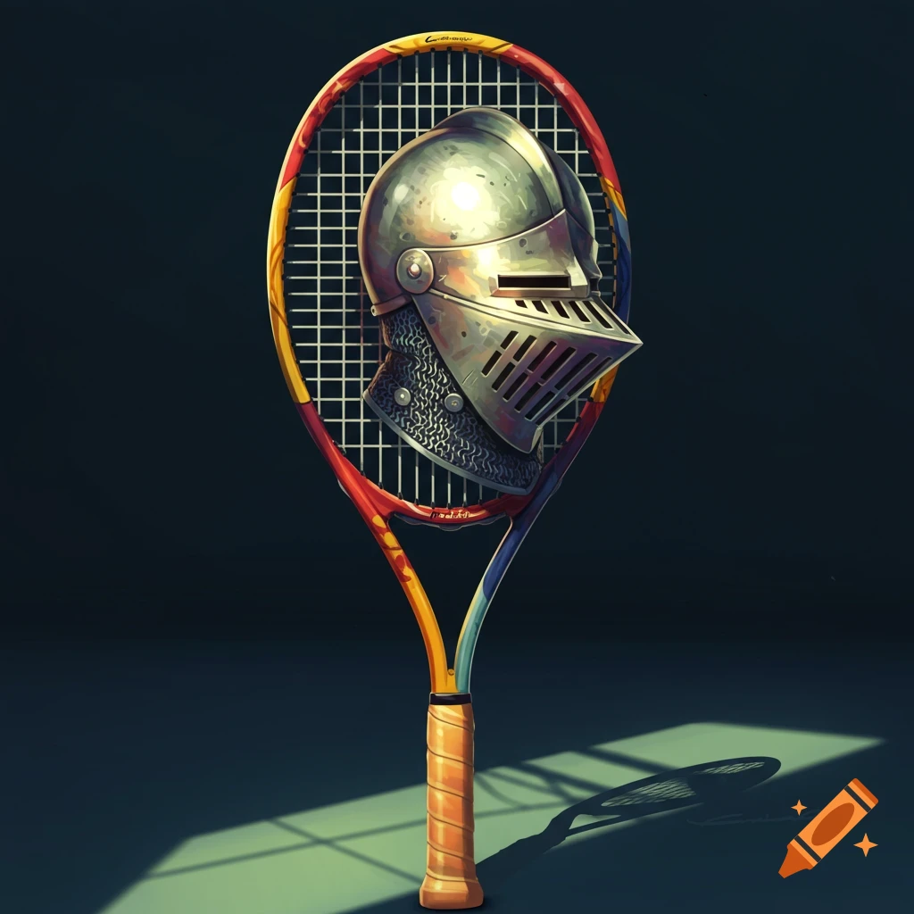 A tennis racket with a medieval helmet resting on its strings.
