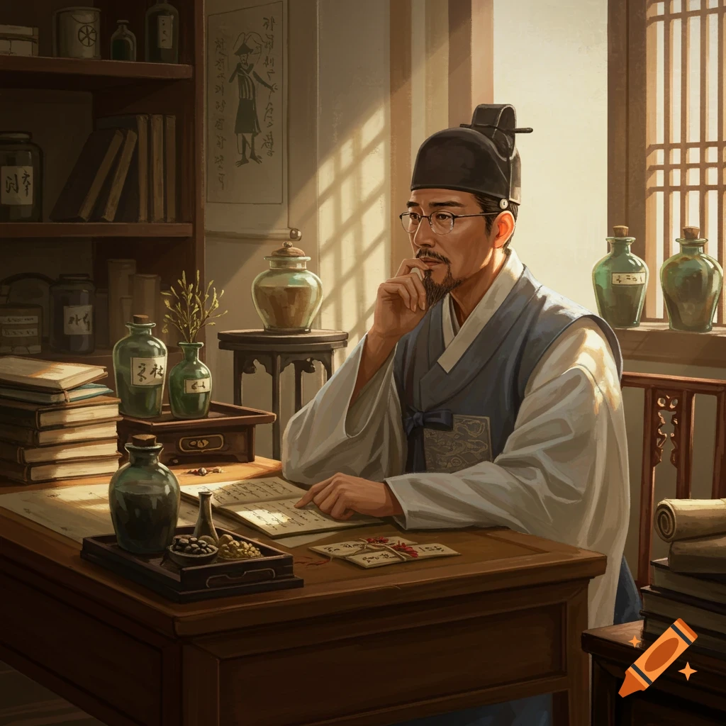 A traditional East Asian physician contemplating at his desk.
