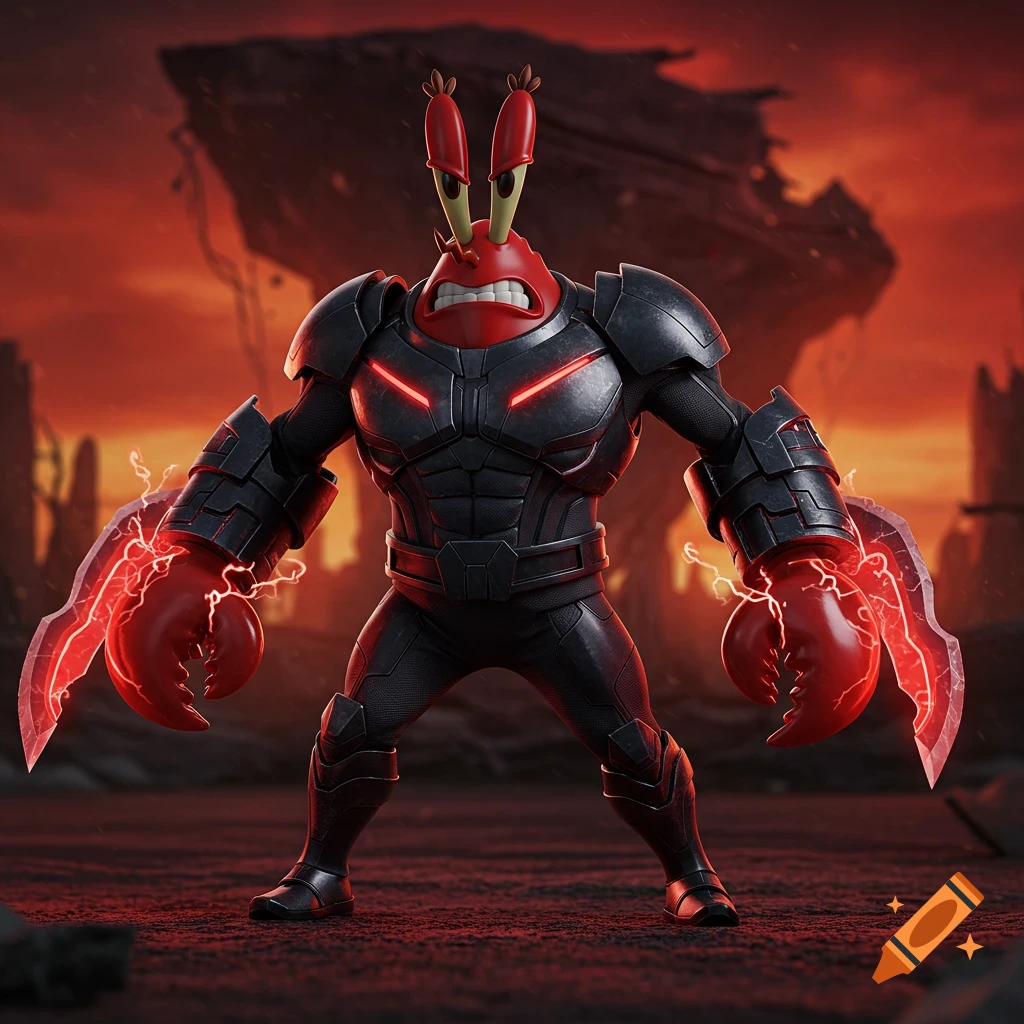 Mr. Krabs in black power armor with glowing red eyes and claw blades stands in a ruined landscape.