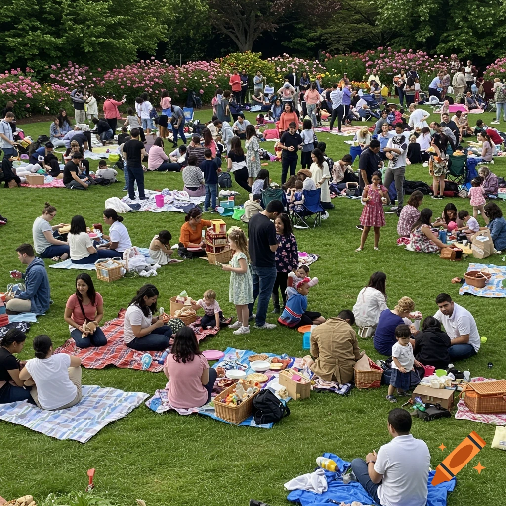 Large community picnic in a park on a sunny day with many people on blankets surrounded by flowers.