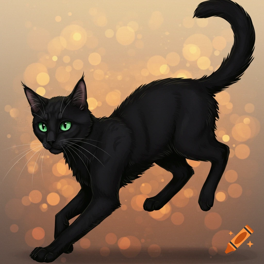 A black cat with green eyes is leaping against a blurry orange background with bokeh lights.