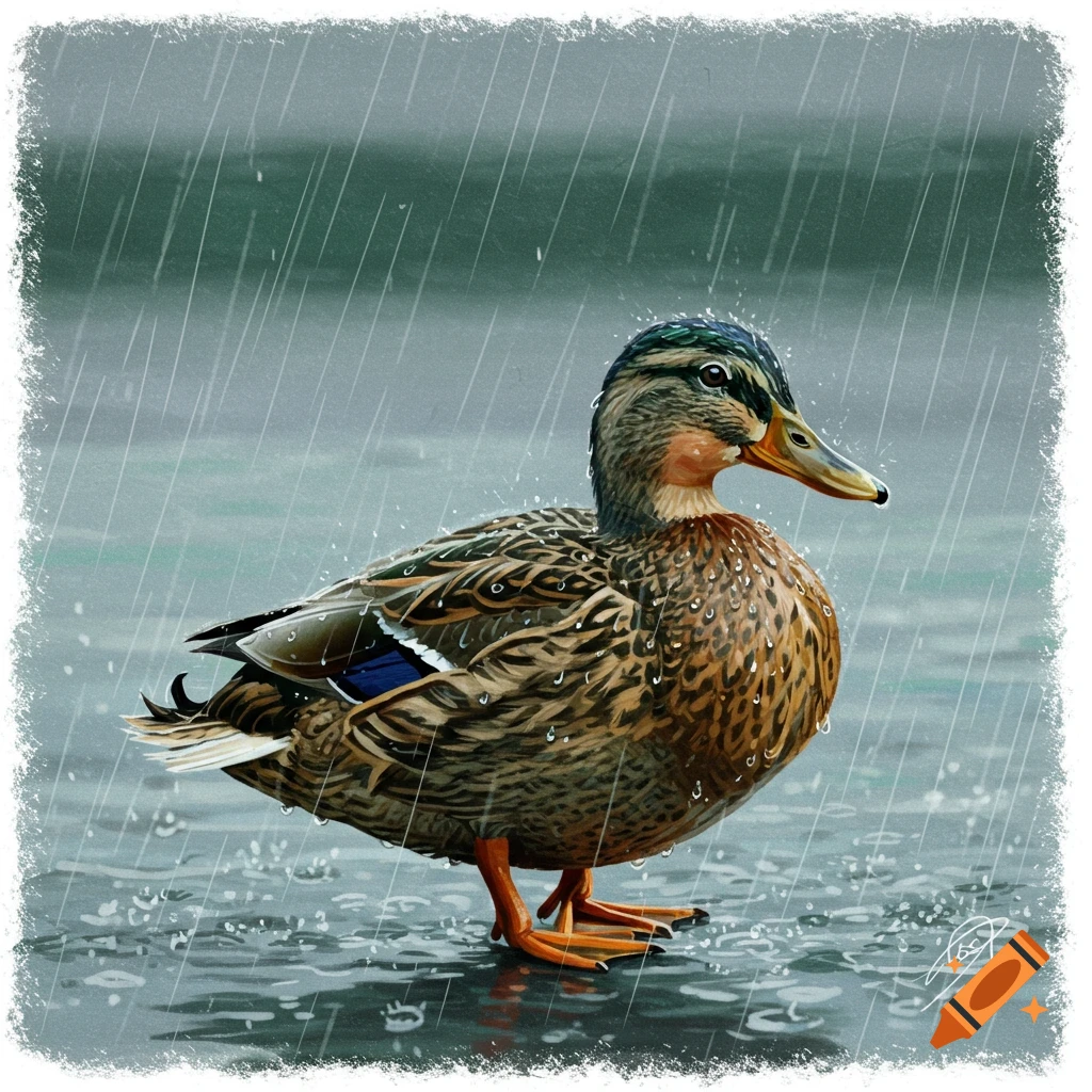 a mallard duck standing in the rain