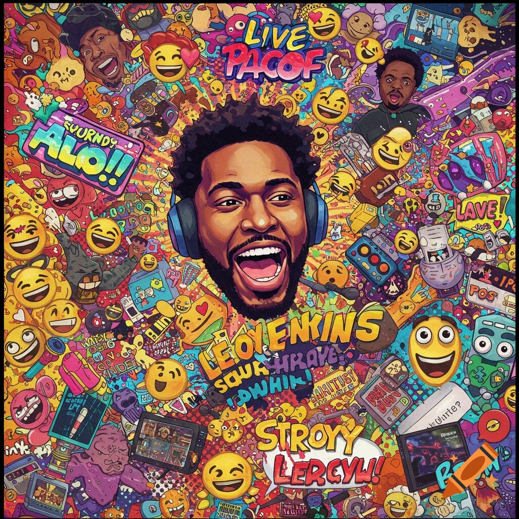 A colorful and busy illustration of a person with headphones surrounded by emojis and objects.