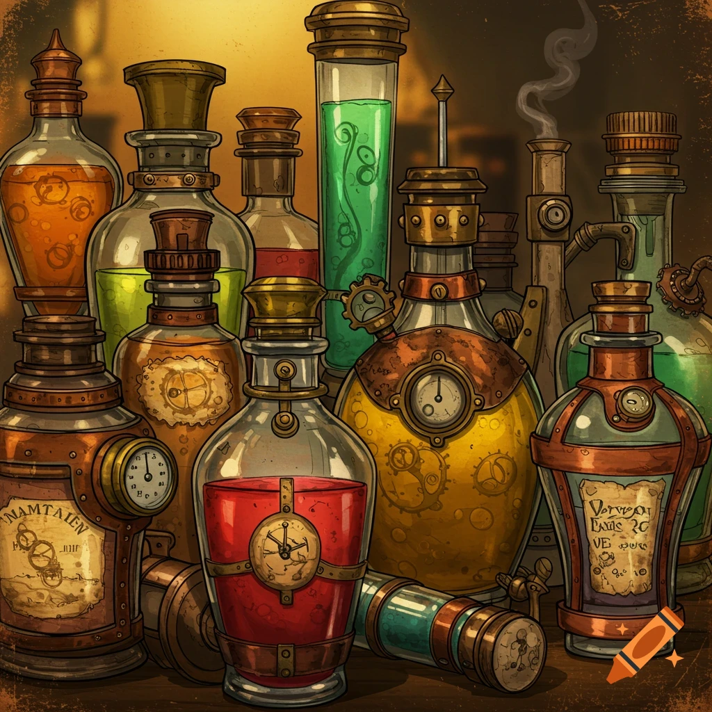 A collection of steampunk-style bottles with liquids and mechanical elements.