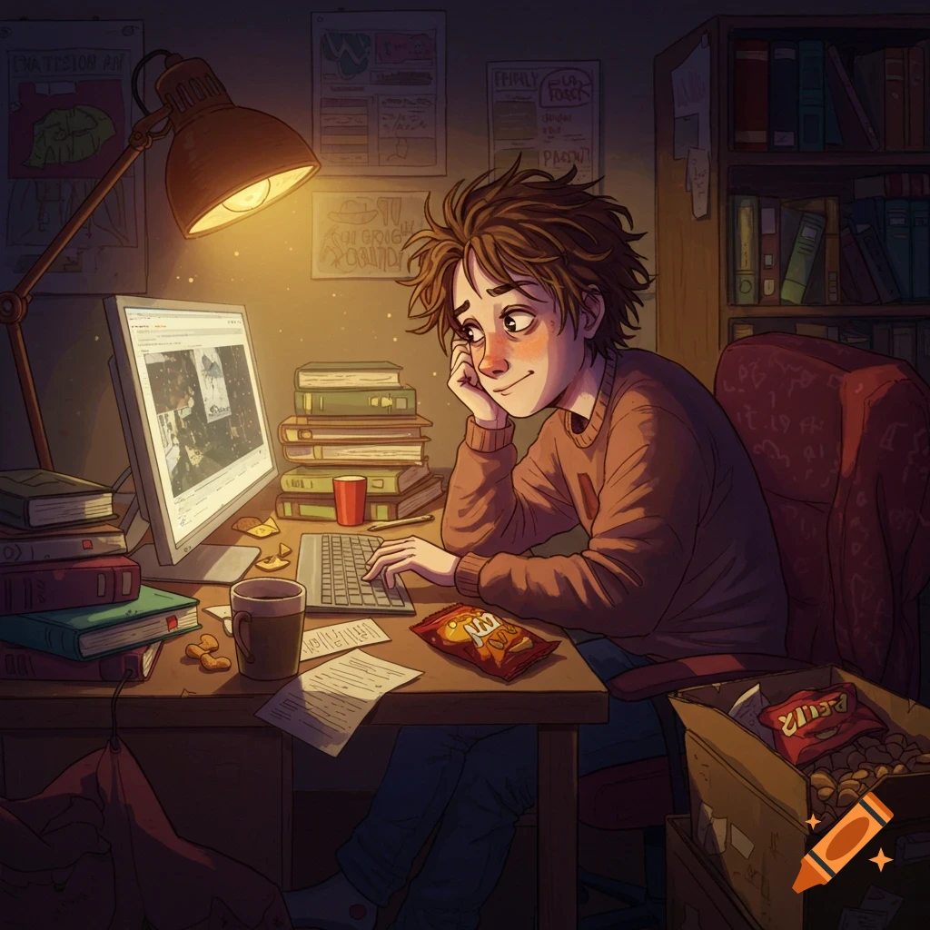 A person is at a desk with books, computer, and snacks, looking distracted.