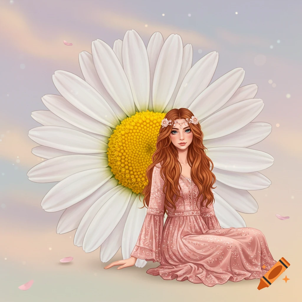 A woman with red hair wearing a pink dress sits in front of a large daisy.