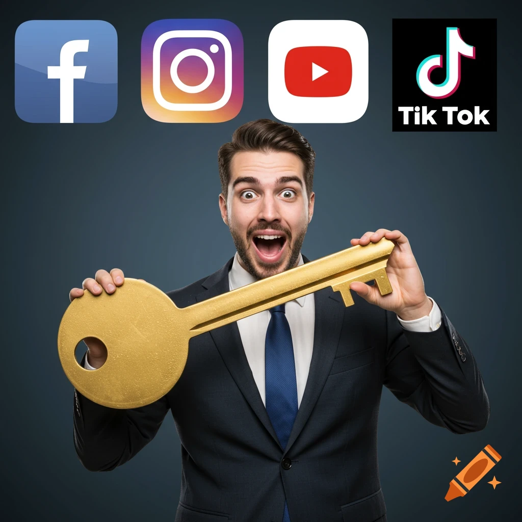 A surprised businessman holds a giant gold key below Facebook, Instagram, YouTube, and TikTok logos.
