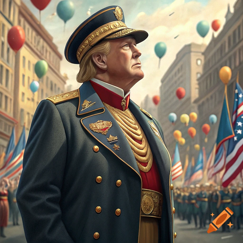 Illustration of a figure resembling Donald Trump in a parade uniform.