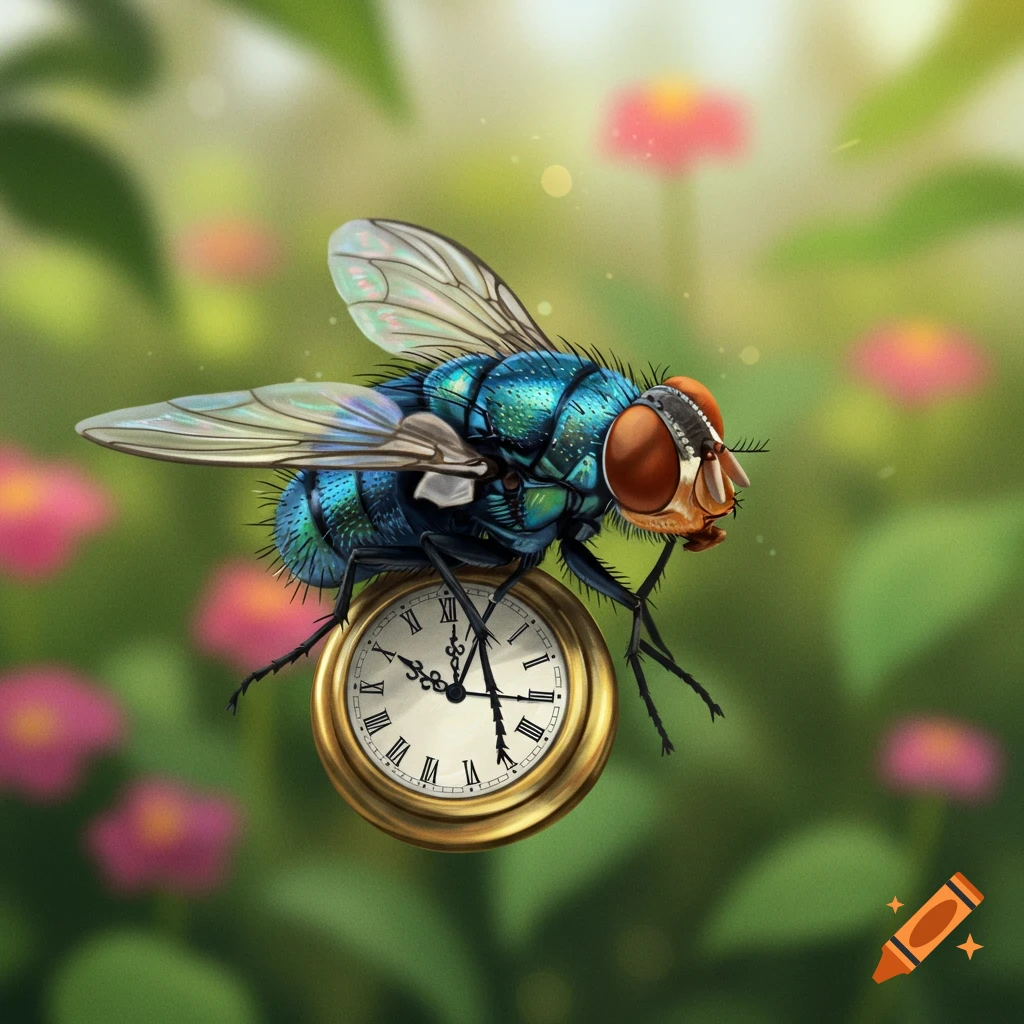 A vibrant green and blue fly perches on an antique pocket watch with a blurry natural background.