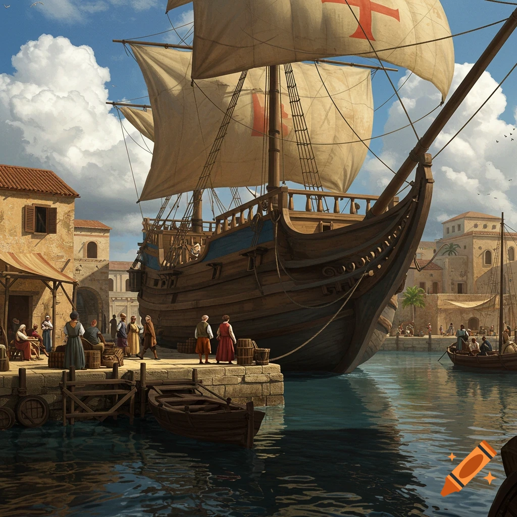 A large caravel ship docked at a busy port with people and buildings.