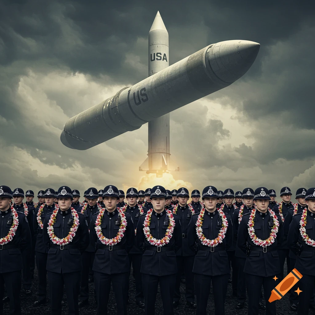 Police officers with wreaths stand below a large missile under a stormy sky.