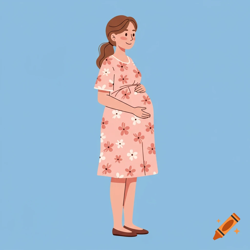 A pregnant woman in a pink floral dress, illustrated in a flat vector style.
