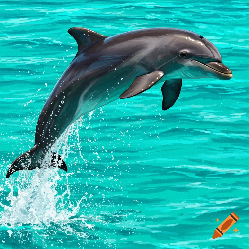 A dolphin leaping from bright teal water with splashes.