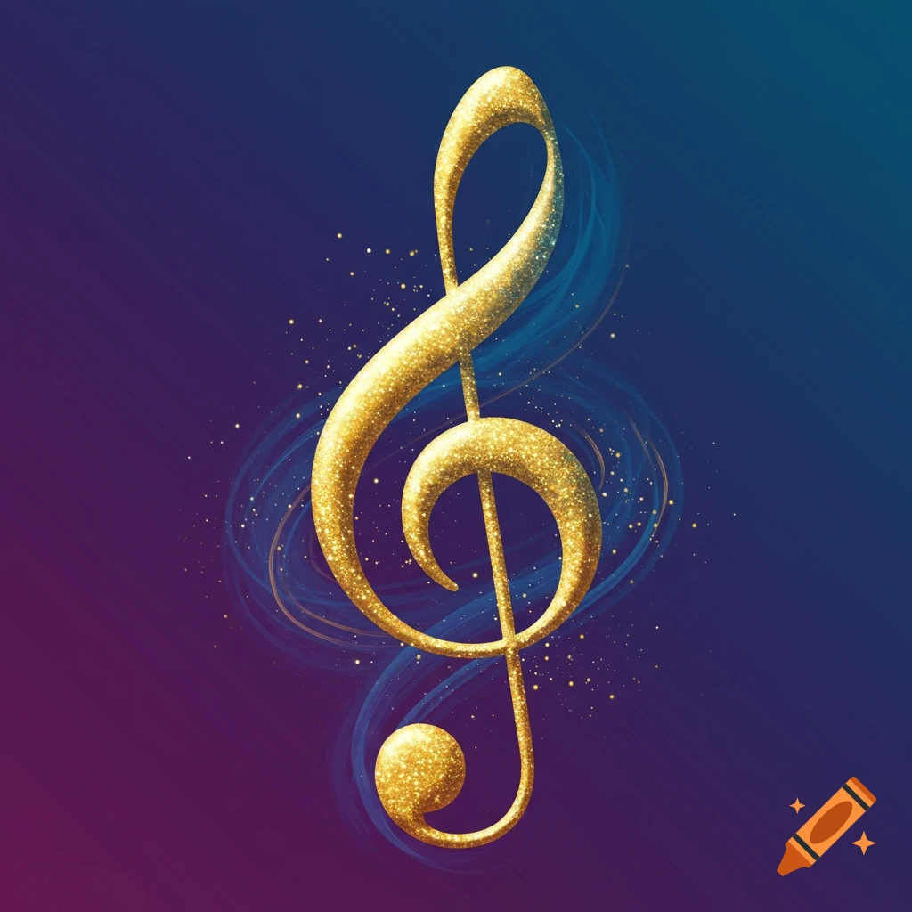 A golden glittery treble clef on a dark blue and purple background with blue swirls and sparkles.
