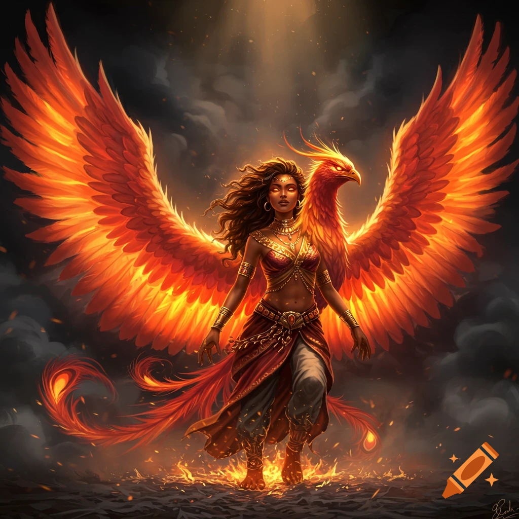 A woman with large fiery phoenix wings stands amidst flames and smoke.