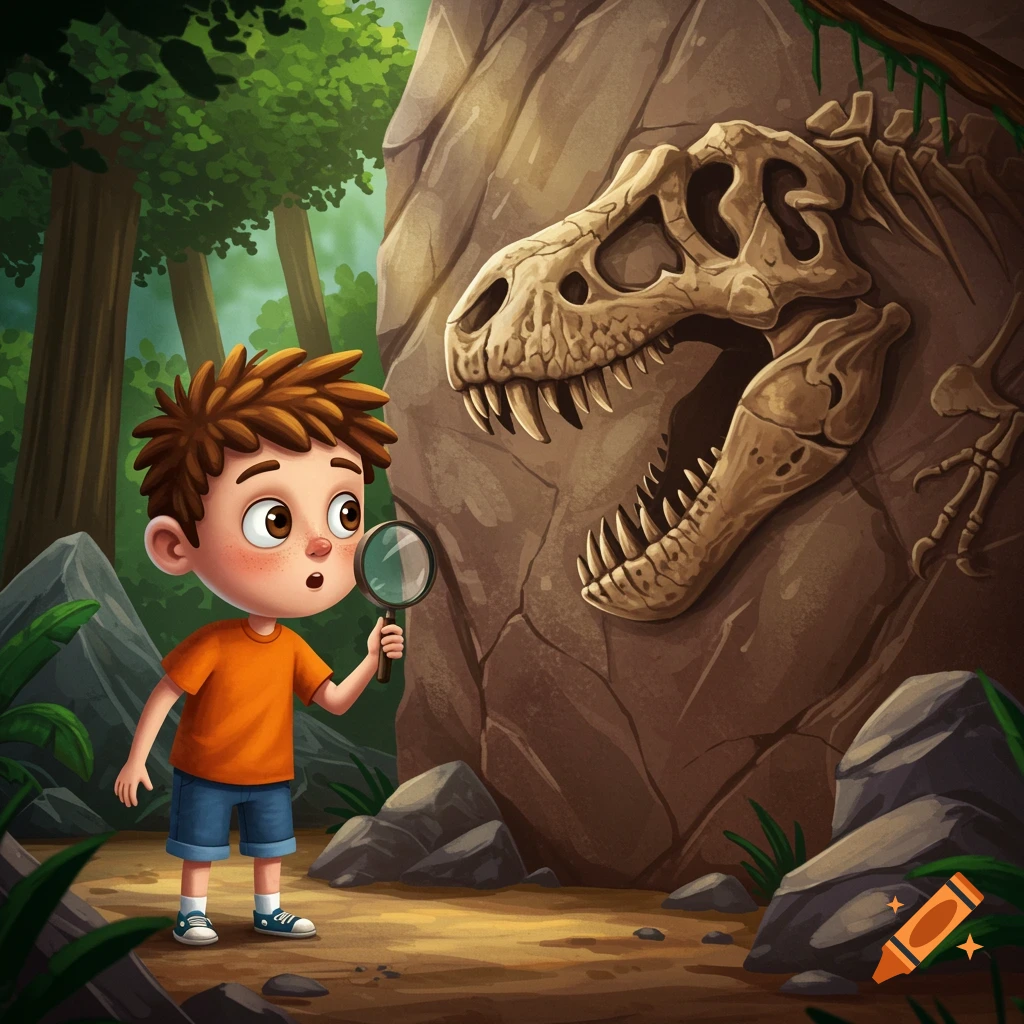 Cartoon boy with magnifying glass looking at a large dinosaur fossil  embedded in rock in a forest. on Craiyon, image size:1024x1024