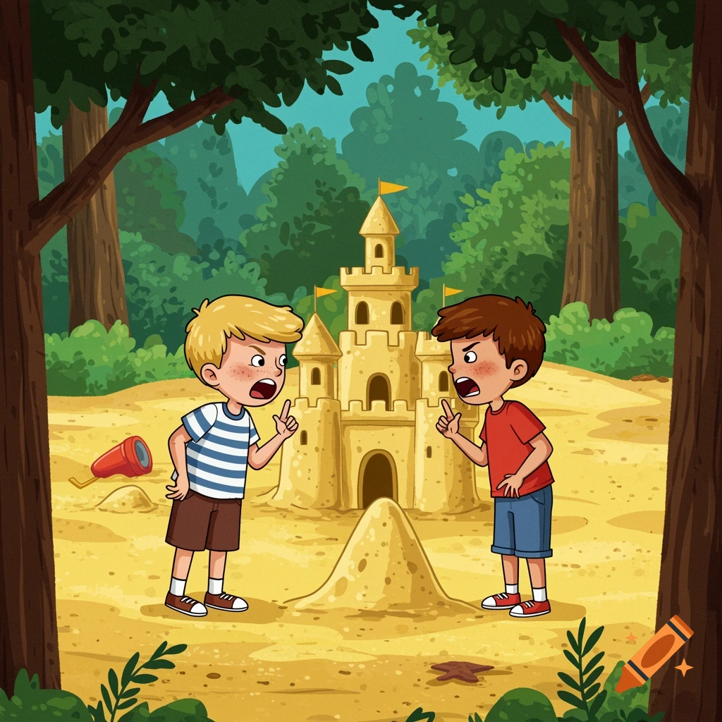 Cartoon illustration of two boys arguing next to a sandcastle in a forest