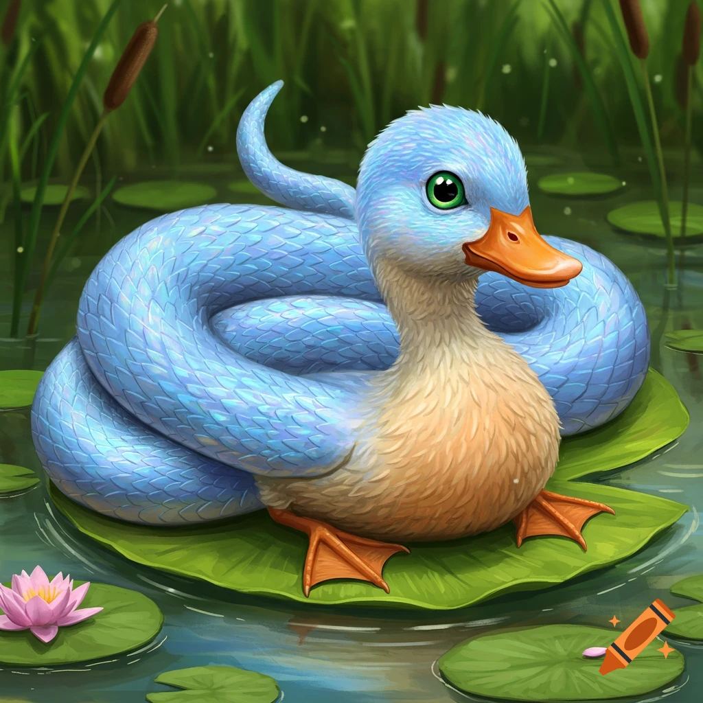A blue snake and duck hybrid sits on a lily pad in a pond, surrounded by water lilies and reeds.