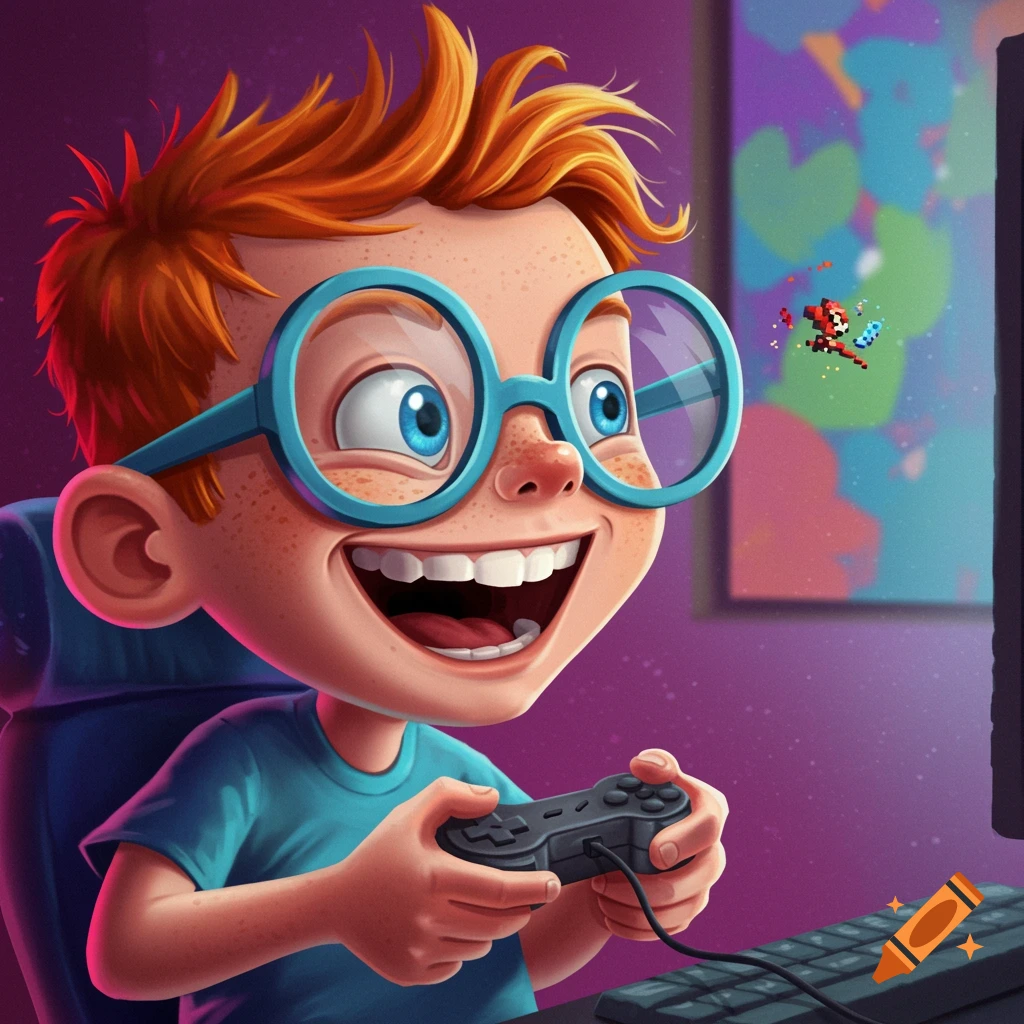 Cartoon illustration of a red-haired boy with large blue glasses playing a video game.