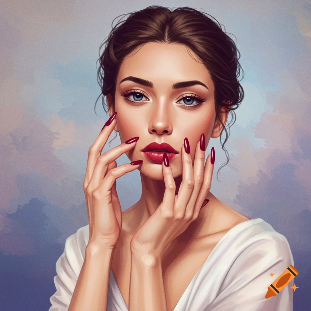 A woman with long red nails covering her face