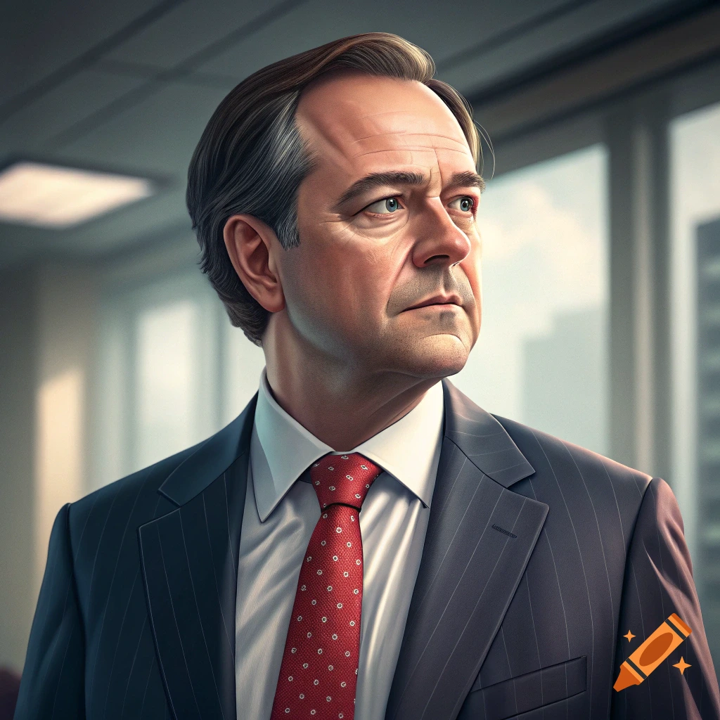 Photorealistic portrait of a man in a suit in an office.