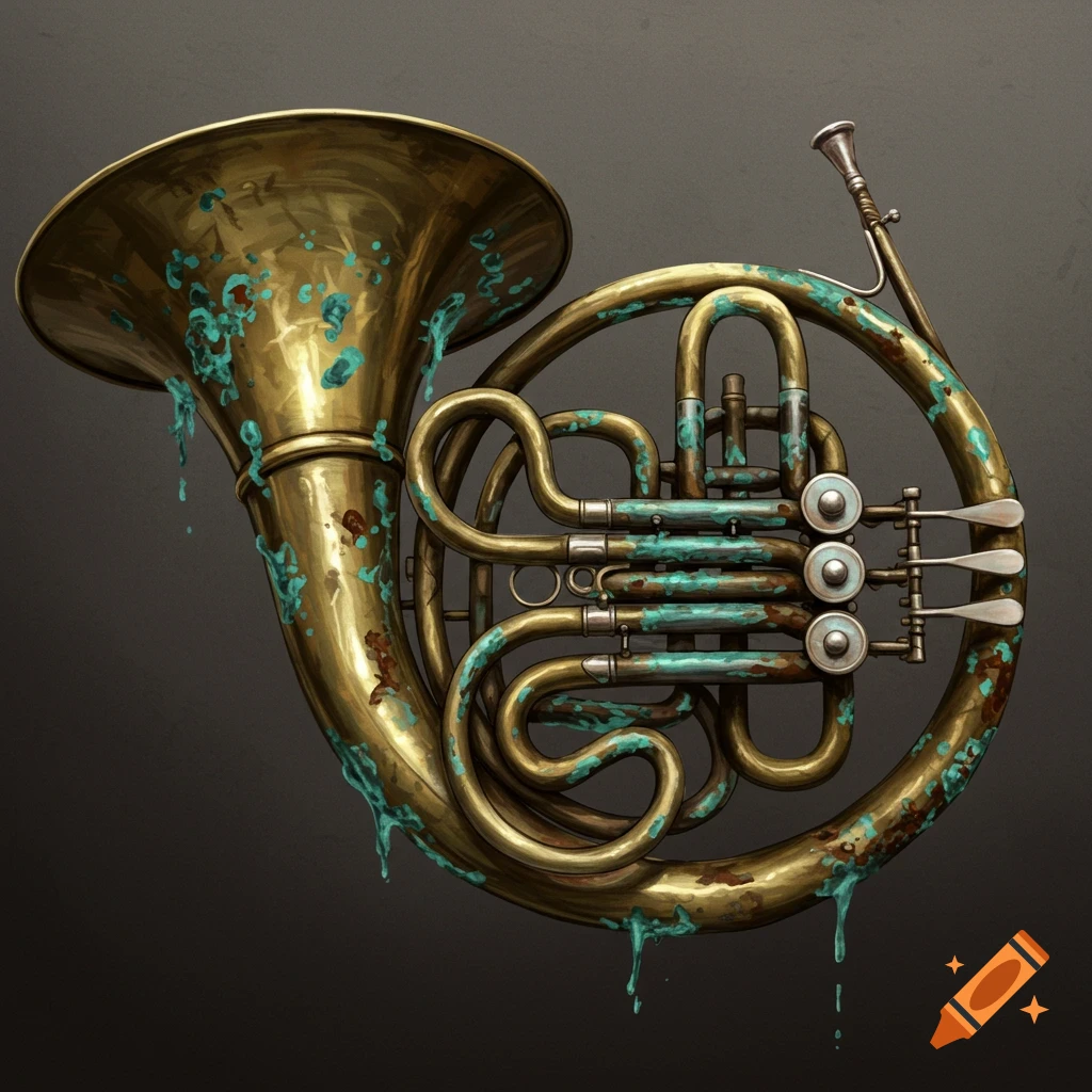 A corroded brass french horn with dripping green patina.