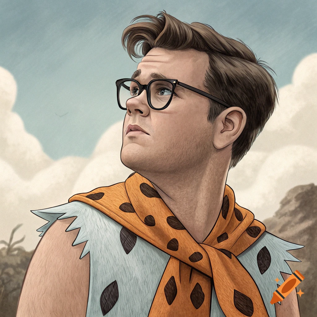Stylized portrait of a man in a Fred Flintstone outfit and glasses looking up.