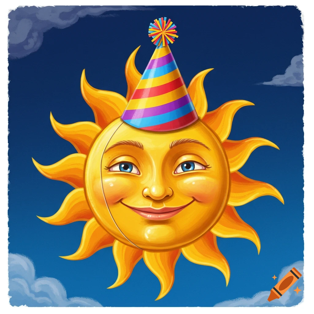 A smiling sun wearing a striped birthday hat in the sky