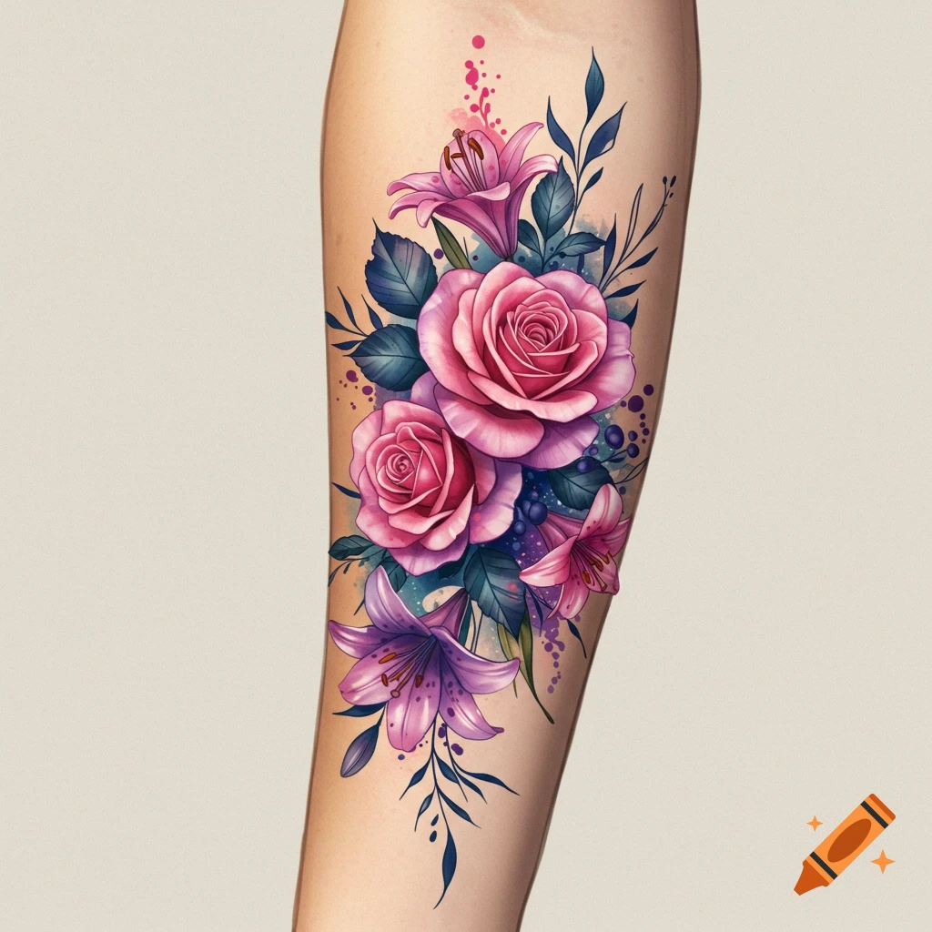 A floral tattoo with pink roses and purple lilies is on a forearm.